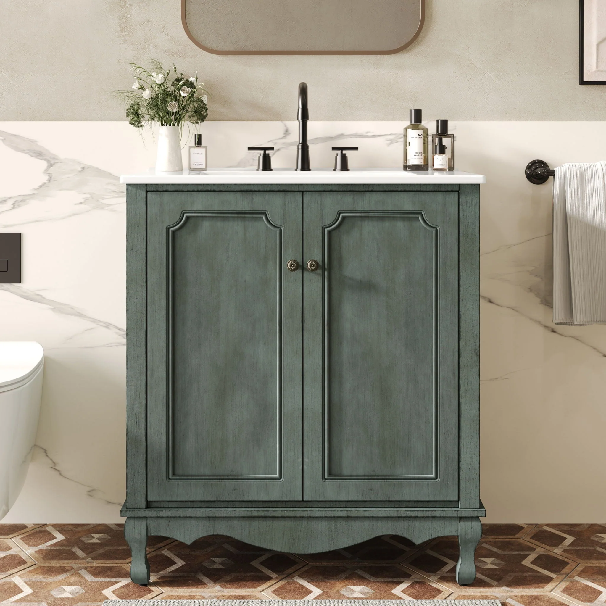 Vintage Bathroom Vanity With Ceramic Sink, Adjustable Shelves - Image 5