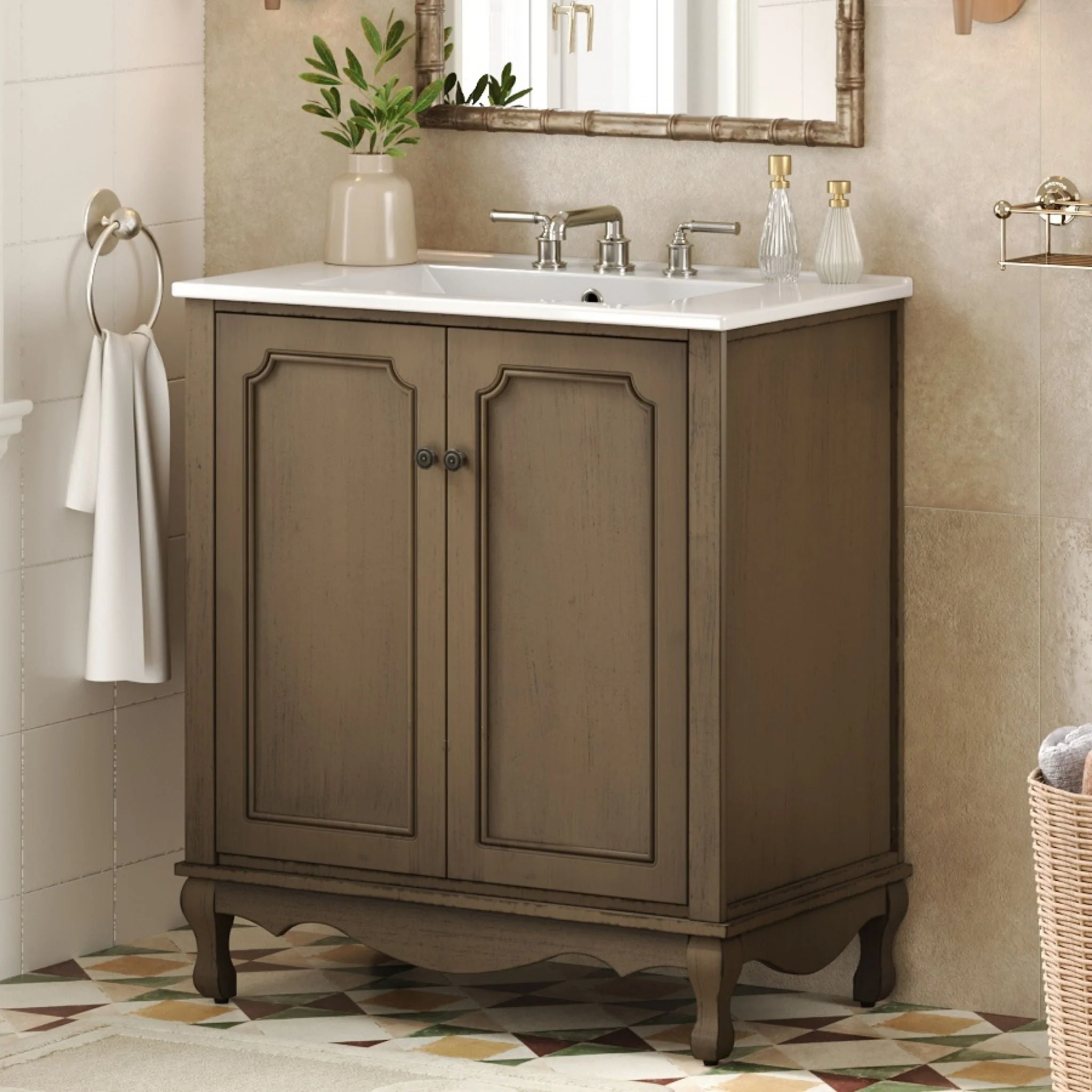 Vintage Bathroom Vanity With Ceramic Sink, Adjustable Shelves - Image 6