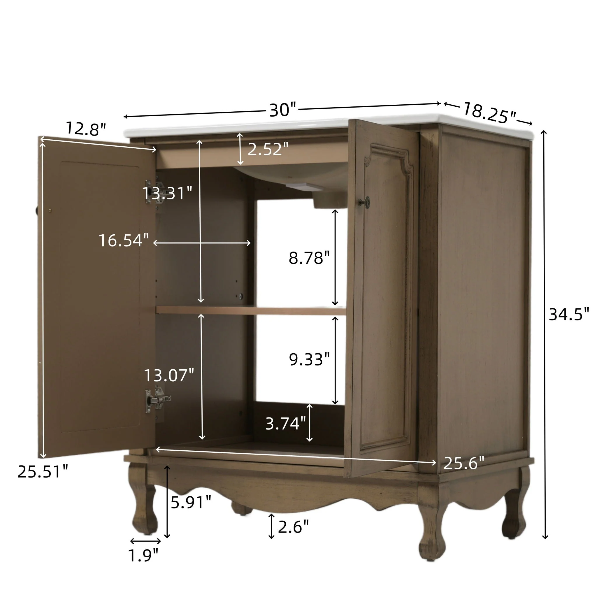 Vintage Bathroom Vanity With Ceramic Sink, Adjustable Shelves - Image 7