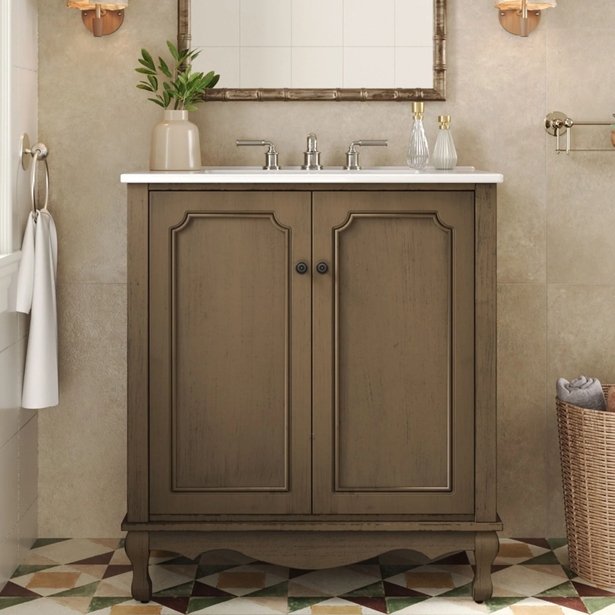 Vintage Bathroom Vanity With Ceramic Sink, Adjustable Shelves - Image 8