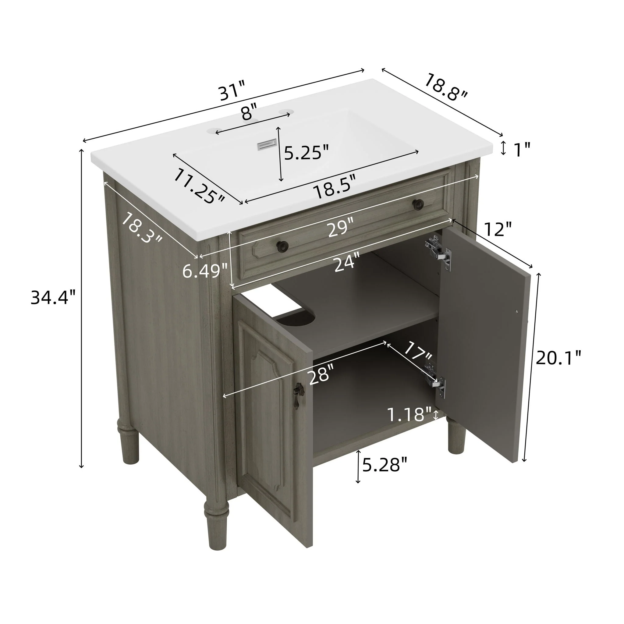 Vintage Bathroom Vanity With Sink, Rustic Cabinet With Soft Close Doors - Image 3