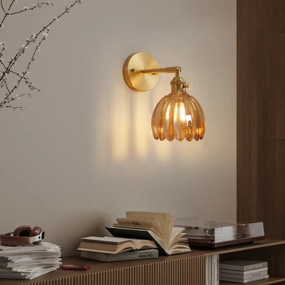 Vintage Brass Tulip Glass Wall Sconce 1-Light Classic Wall Light - Image 2