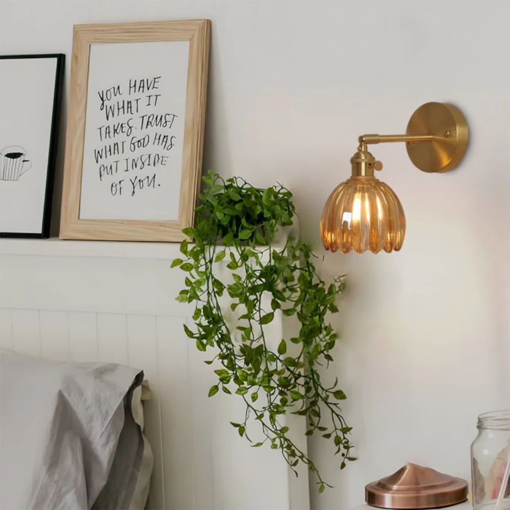 Vintage Brass Tulip Glass Wall Sconce 1-Light Classic Wall Light - Image 3