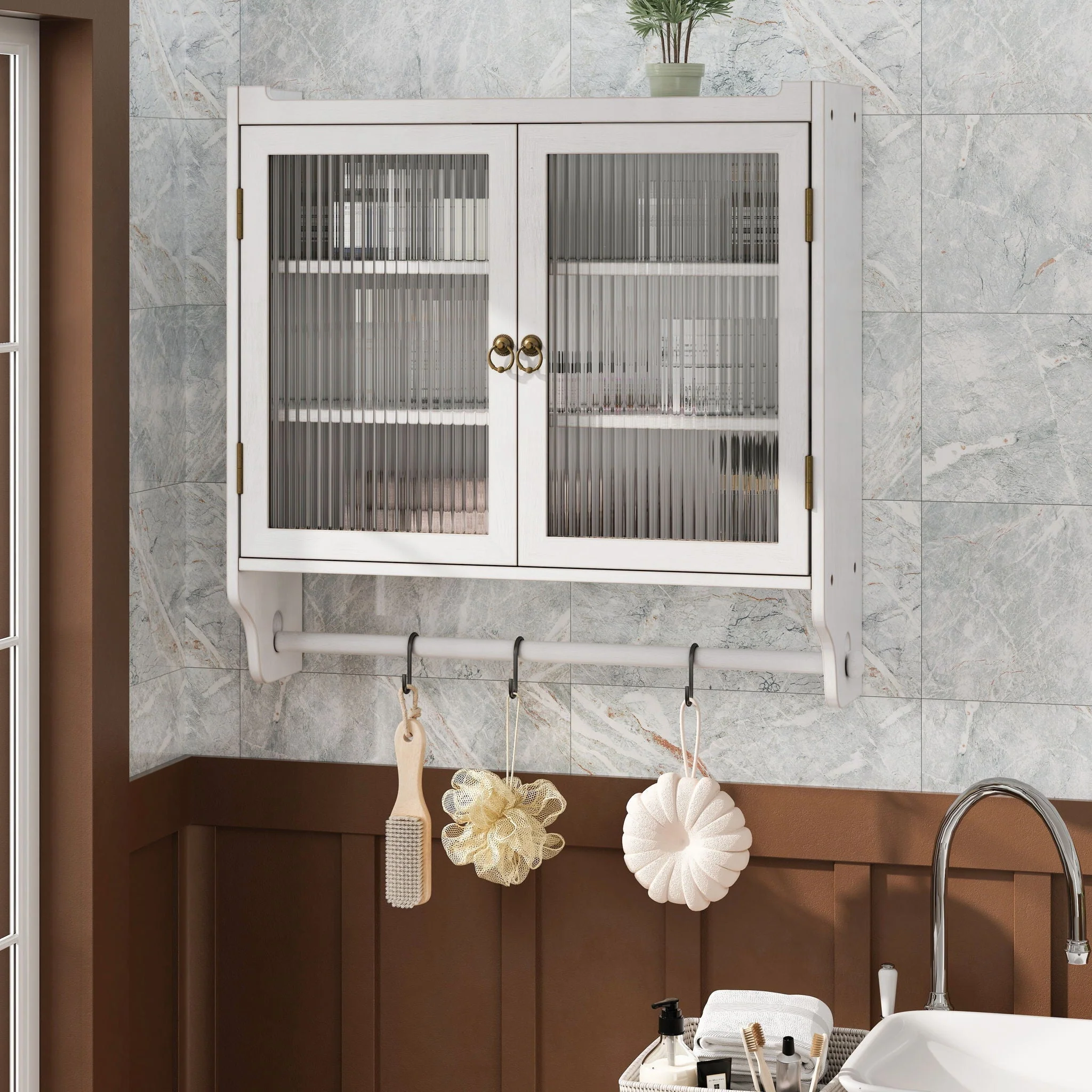 Vintage Double Door Wall Cabinet With Three Tiers Storage And Towel Rack - White Washed - Image 2