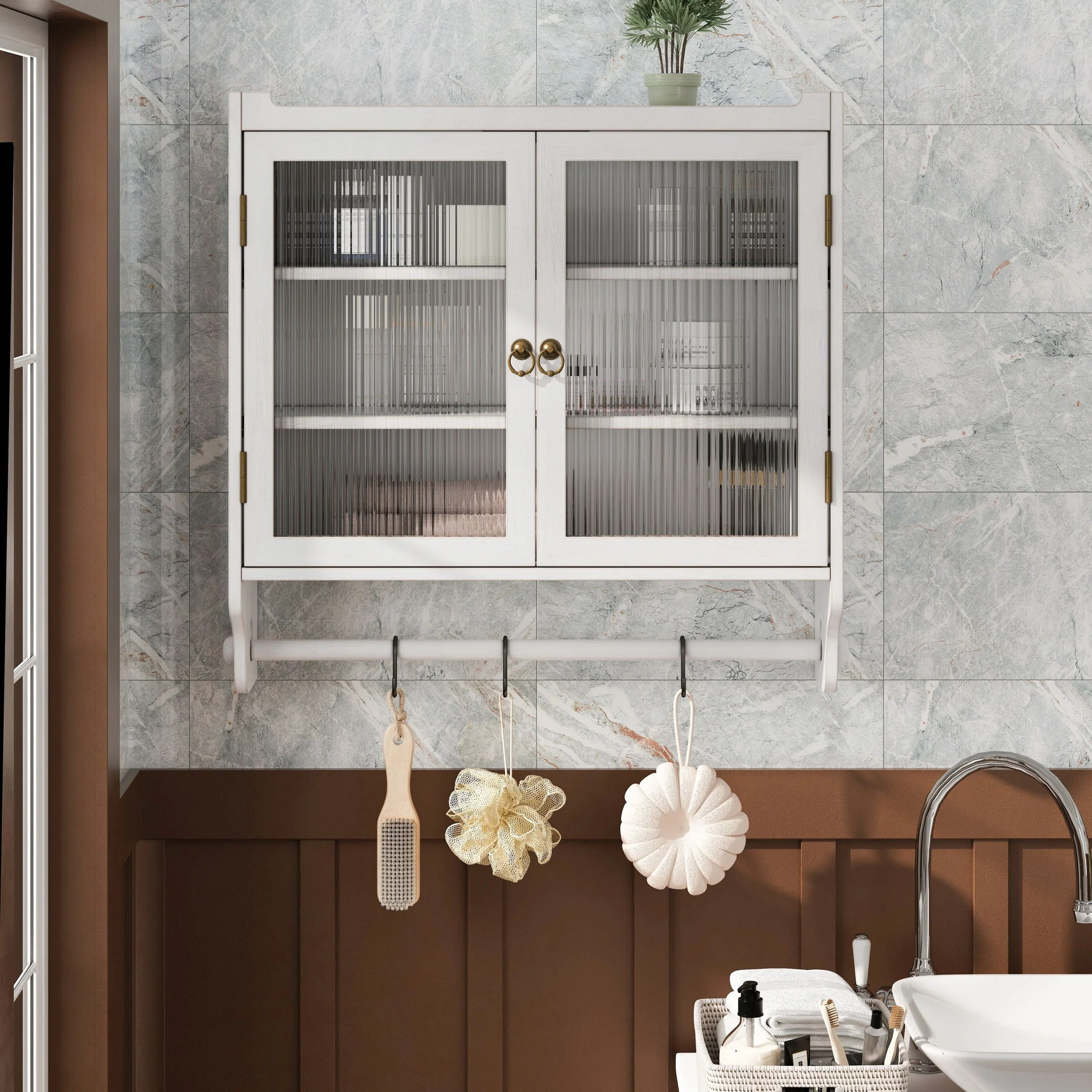 Vintage Double Door Wall Cabinet With Three Tiers Storage And Towel Rack - White Washed - Image 4