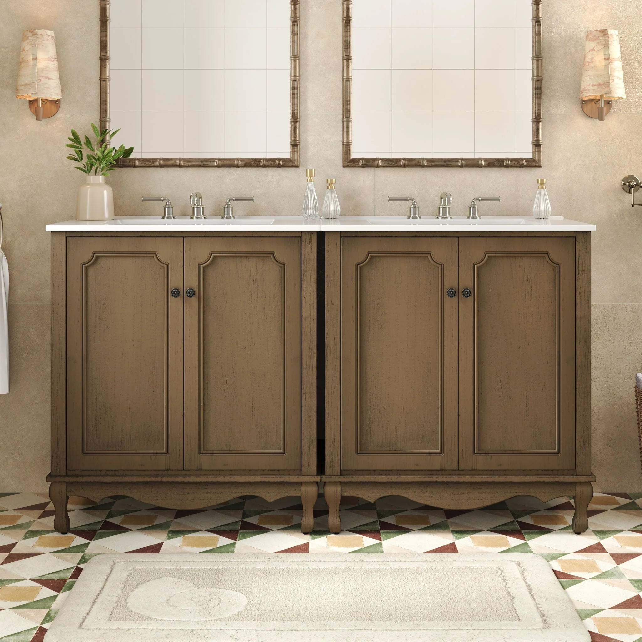 Vintage Double Sink Bathroom Vanity Set With Ceramic Sinks - Image 3