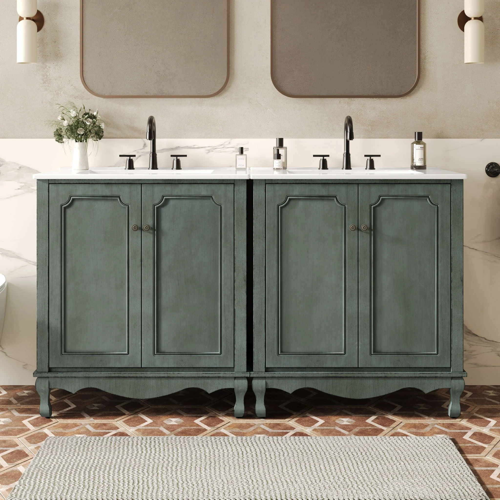 Vintage Double Sink Bathroom Vanity Set With Ceramic Sinks - Image 4