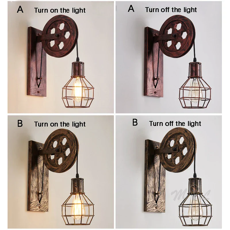 Vintage Industrial Pulley Wall Sconce LED Bedroom Mirror Retro Wall Light - Image 4