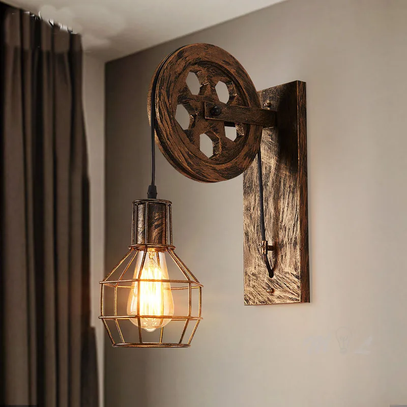 Vintage Industrial Pulley Wall Sconce LED Bedroom Mirror Retro Wall Light - Image 5