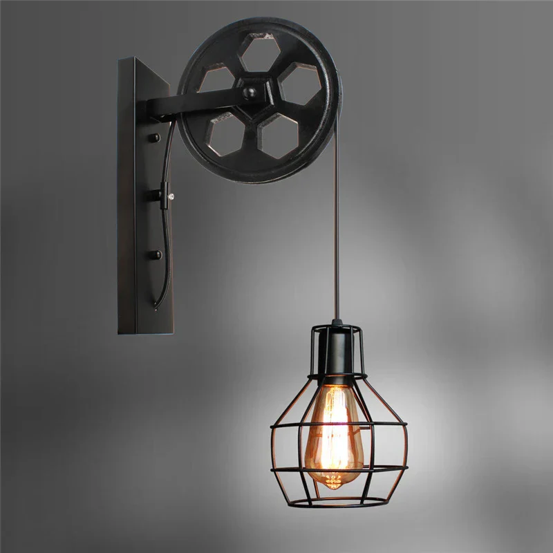 Vintage Industrial Pulley Wall Sconce LED Bedroom Mirror Retro Wall Light - Image 7