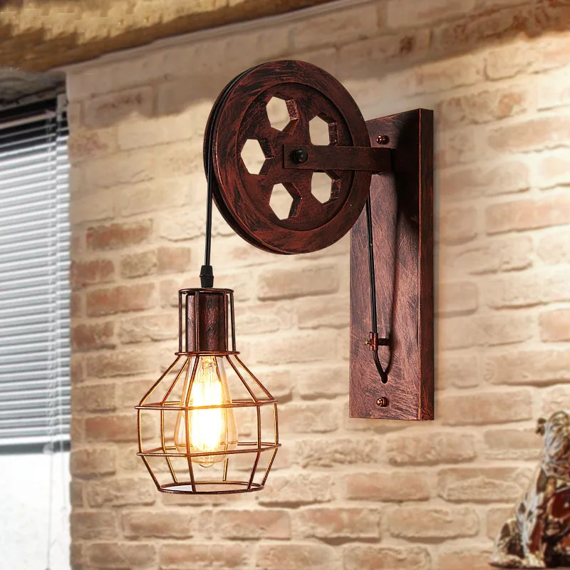 Vintage Industrial Pulley Wall Sconce LED Bedroom Mirror Retro Wall Light - Image 8