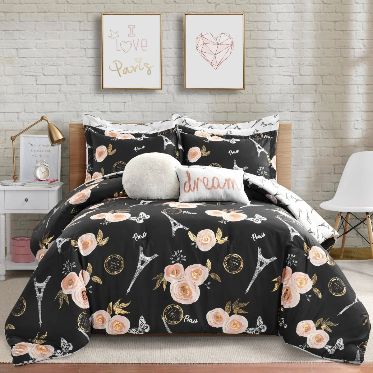 Vintage Paris Rose Butterfly Script Comforter Set - Image 2