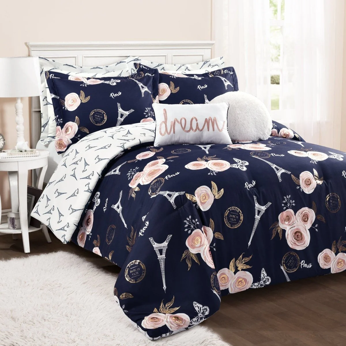 Vintage Paris Rose Butterfly Script Comforter Set - Image 3