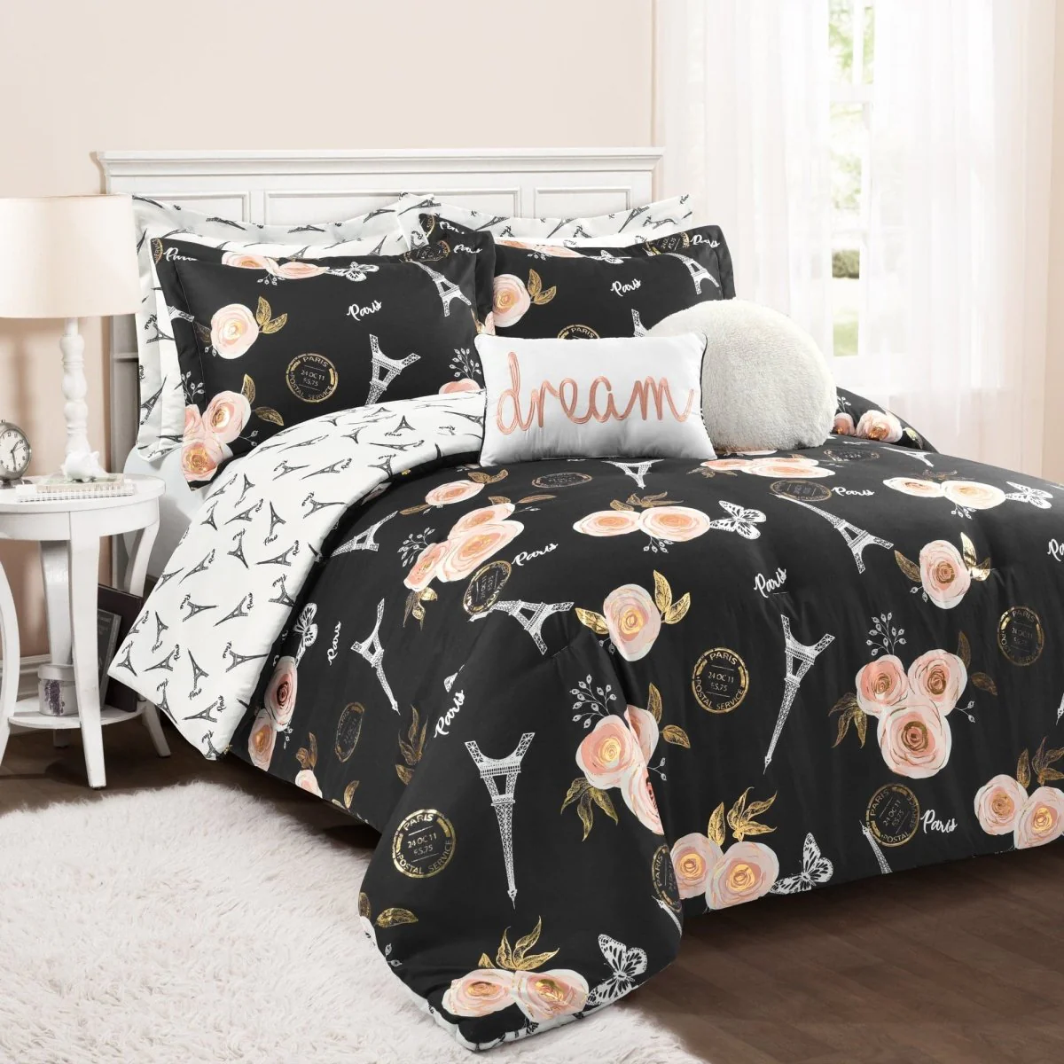 Vintage Paris Rose Butterfly Script Comforter Set - Image 4