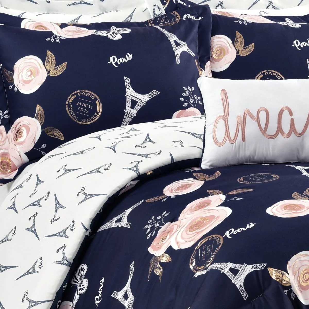 Vintage Paris Rose Butterfly Script Comforter Set - Image 5