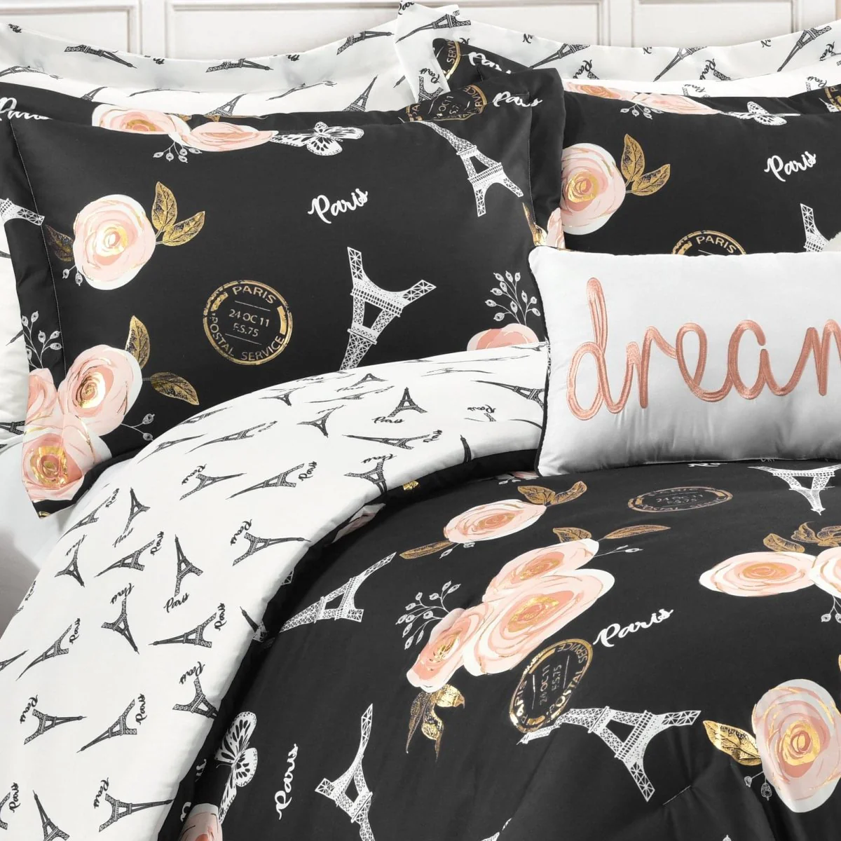 Vintage Paris Rose Butterfly Script Comforter Set - Image 6