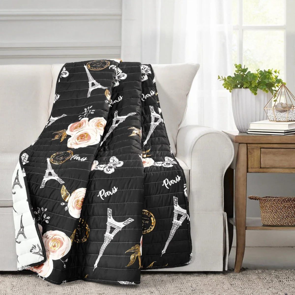 Vintage Paris Rose Butterfly Script Throw - Image 2