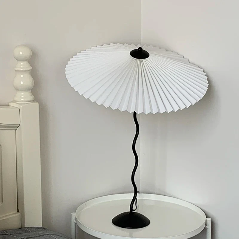 Vintage Pleated Table Lamp Umbrella Squiggle Bedside Night Light Living Room