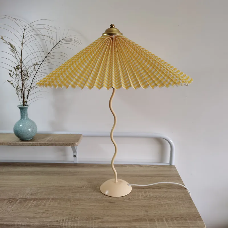 Vintage Pleated Table Lamp Umbrella Squiggle Bedside Night Light Living Room - Image 11