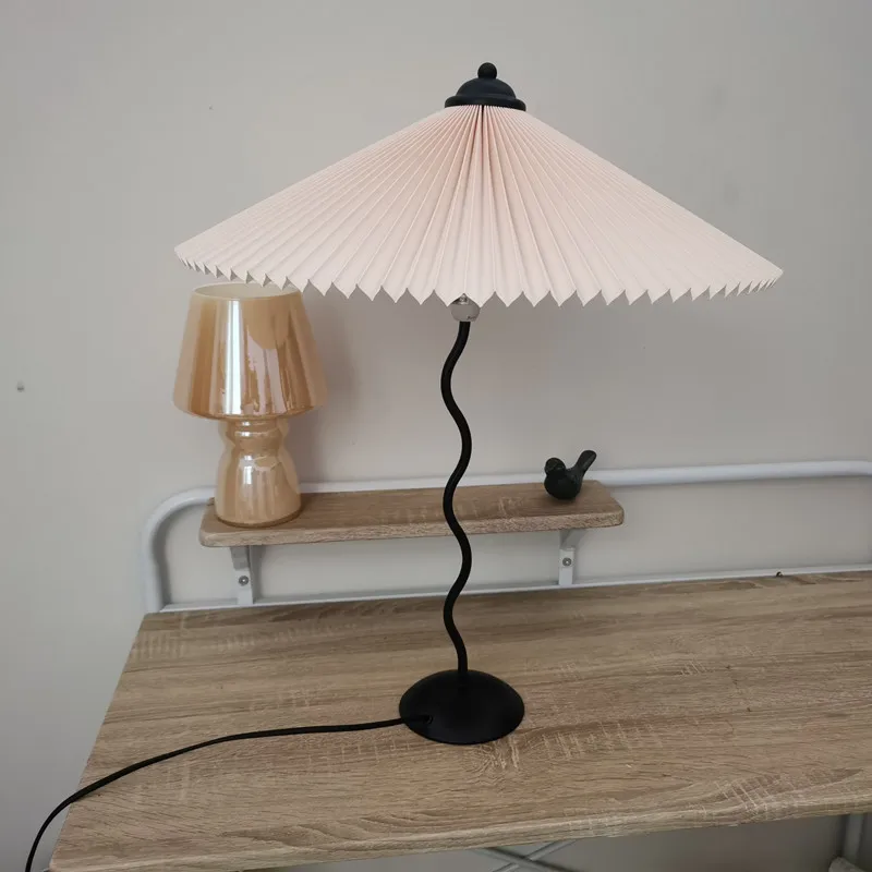 Vintage Pleated Table Lamp Umbrella Squiggle Bedside Night Light Living Room - Image 12