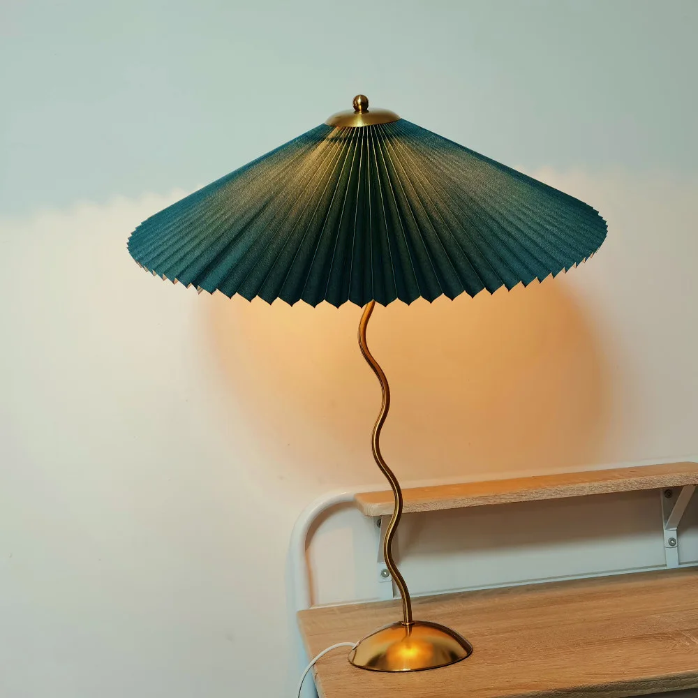 Vintage Pleated Table Lamp Umbrella Squiggle Bedside Night Light Living Room - Image 13