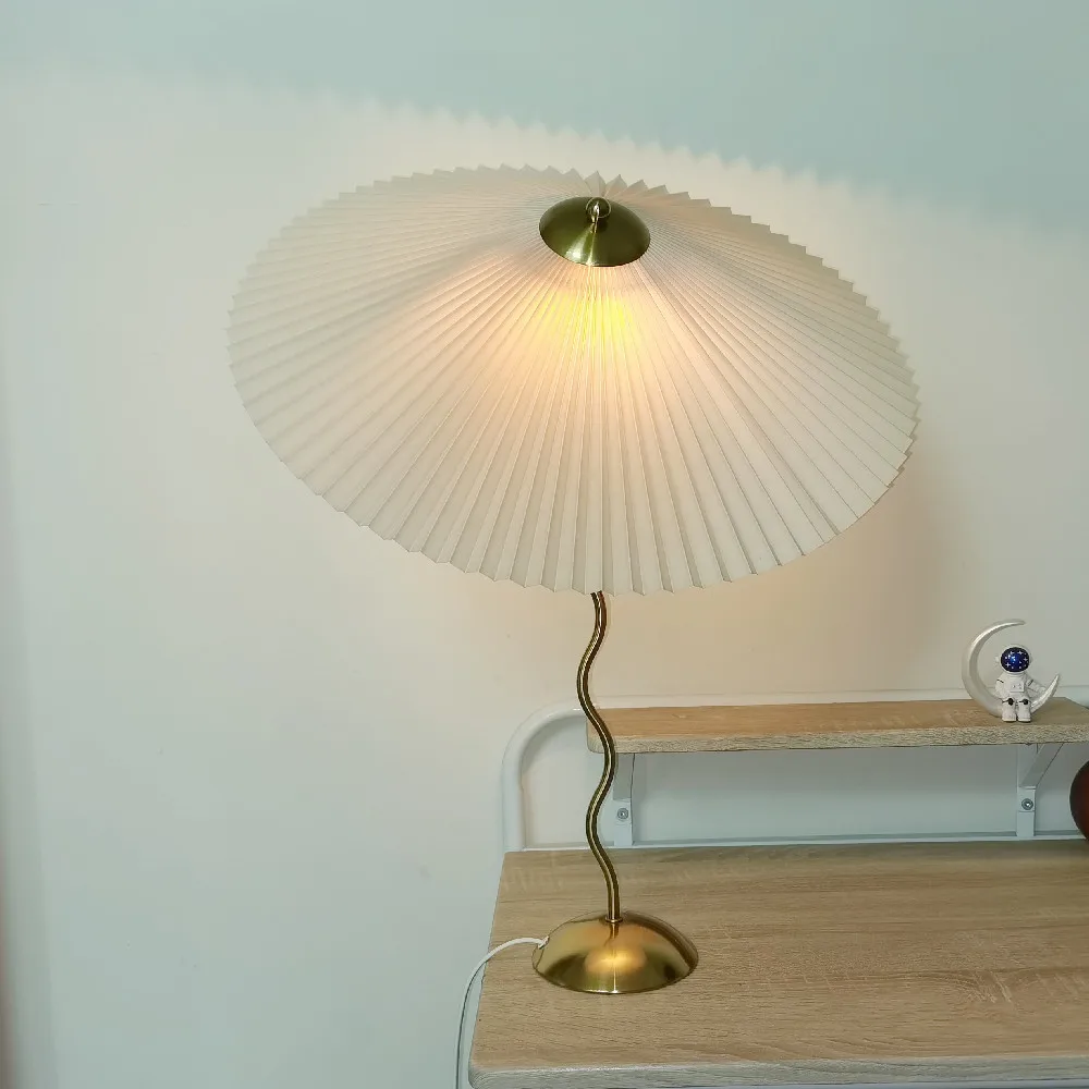 Vintage Pleated Table Lamp Umbrella Squiggle Bedside Night Light Living Room - Image 14