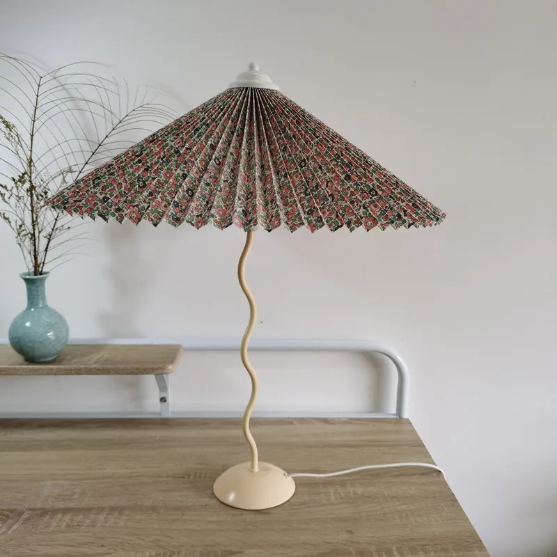 Vintage Pleated Table Lamp Umbrella Squiggle Bedside Night Light Living Room - Image 15