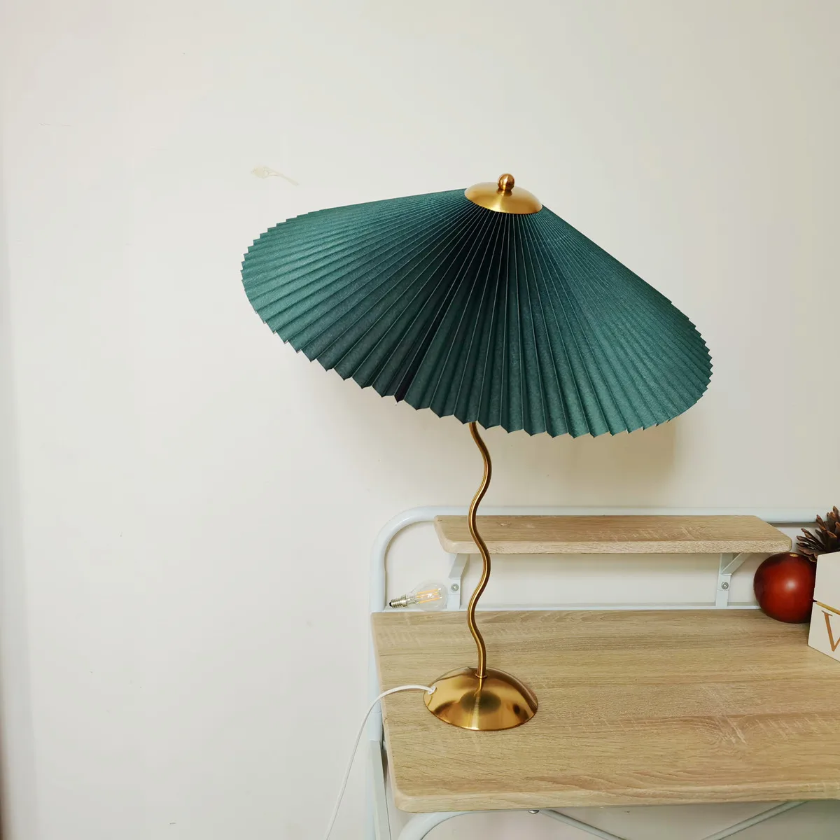 Vintage Pleated Table Lamp Umbrella Squiggle Bedside Night Light Living Room - Image 2