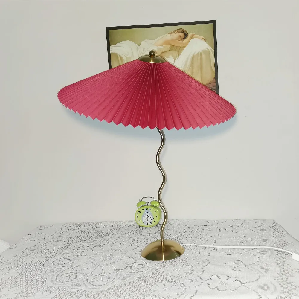 Vintage Pleated Table Lamp Umbrella Squiggle Bedside Night Light Living Room - Image 3