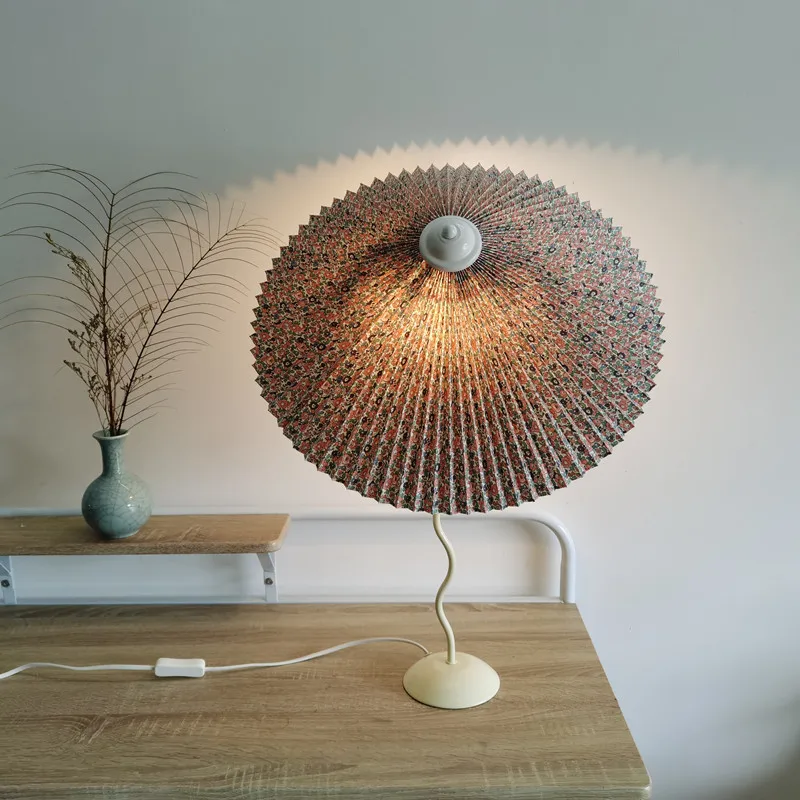 Vintage Pleated Table Lamp Umbrella Squiggle Bedside Night Light Living Room - Image 4