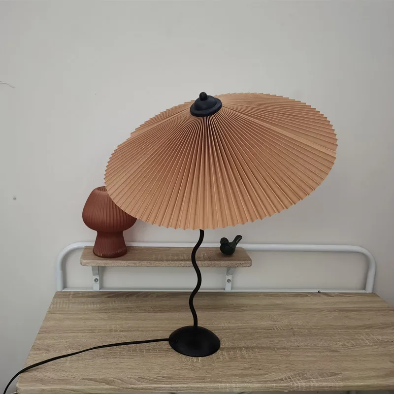Vintage Pleated Table Lamp Umbrella Squiggle Bedside Night Light Living Room - Image 7