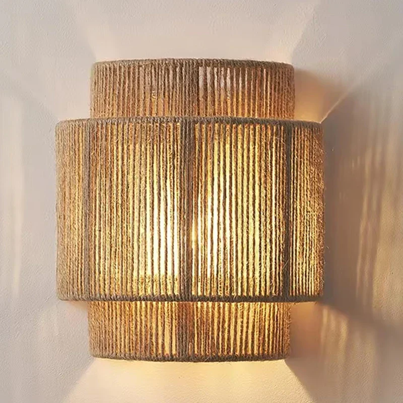 Vintage Rattan Wall Light E27 Handwoven Rope Sconce for Bedside Living Room