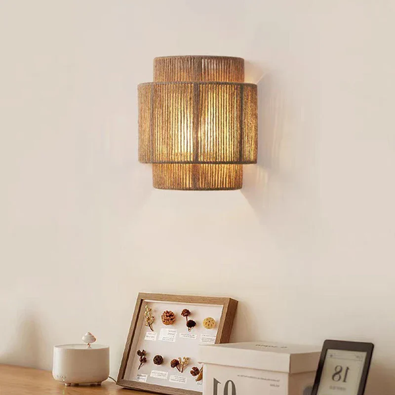 Vintage Rattan Wall Light E27 Handwoven Rope Sconce for Bedside Living Room - Image 2
