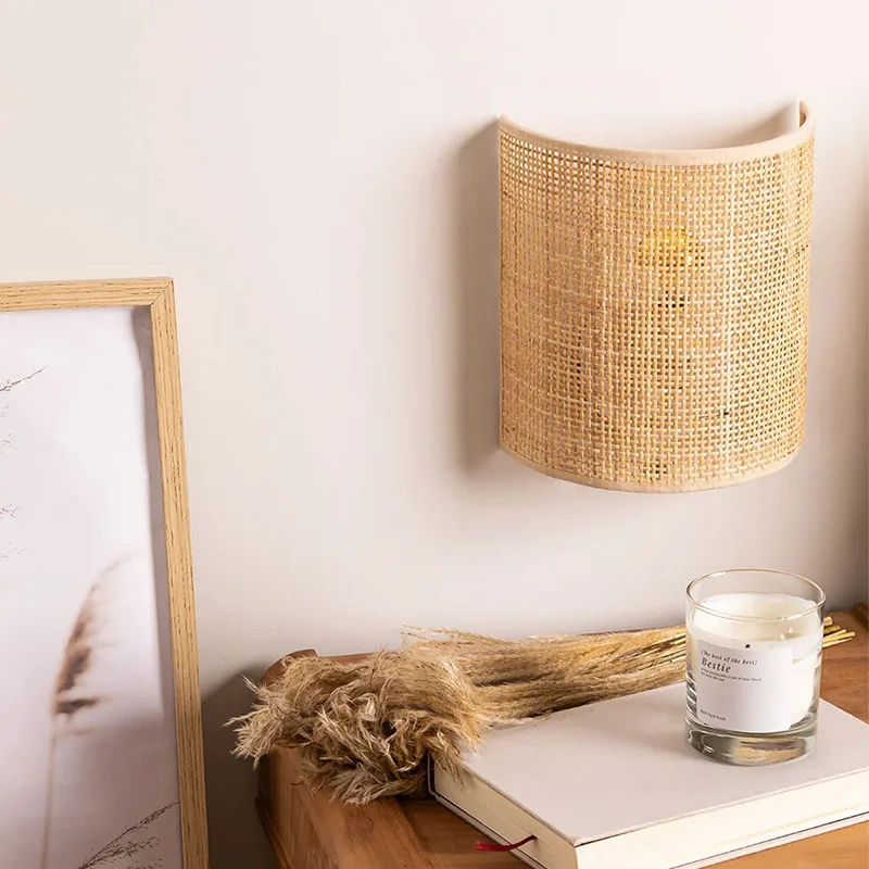 Vintage Rattan Wall Light E27 Handwoven Rope Sconce for Bedside Living Room - Image 4