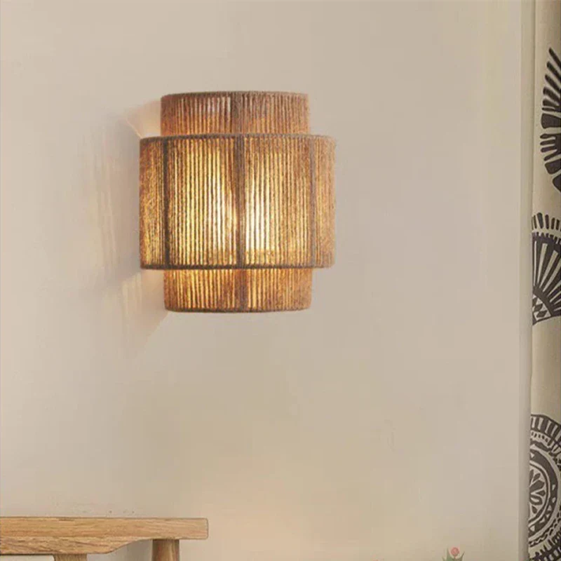 Vintage Rattan Wall Light E27 Handwoven Rope Sconce for Bedside Living Room - Image 5