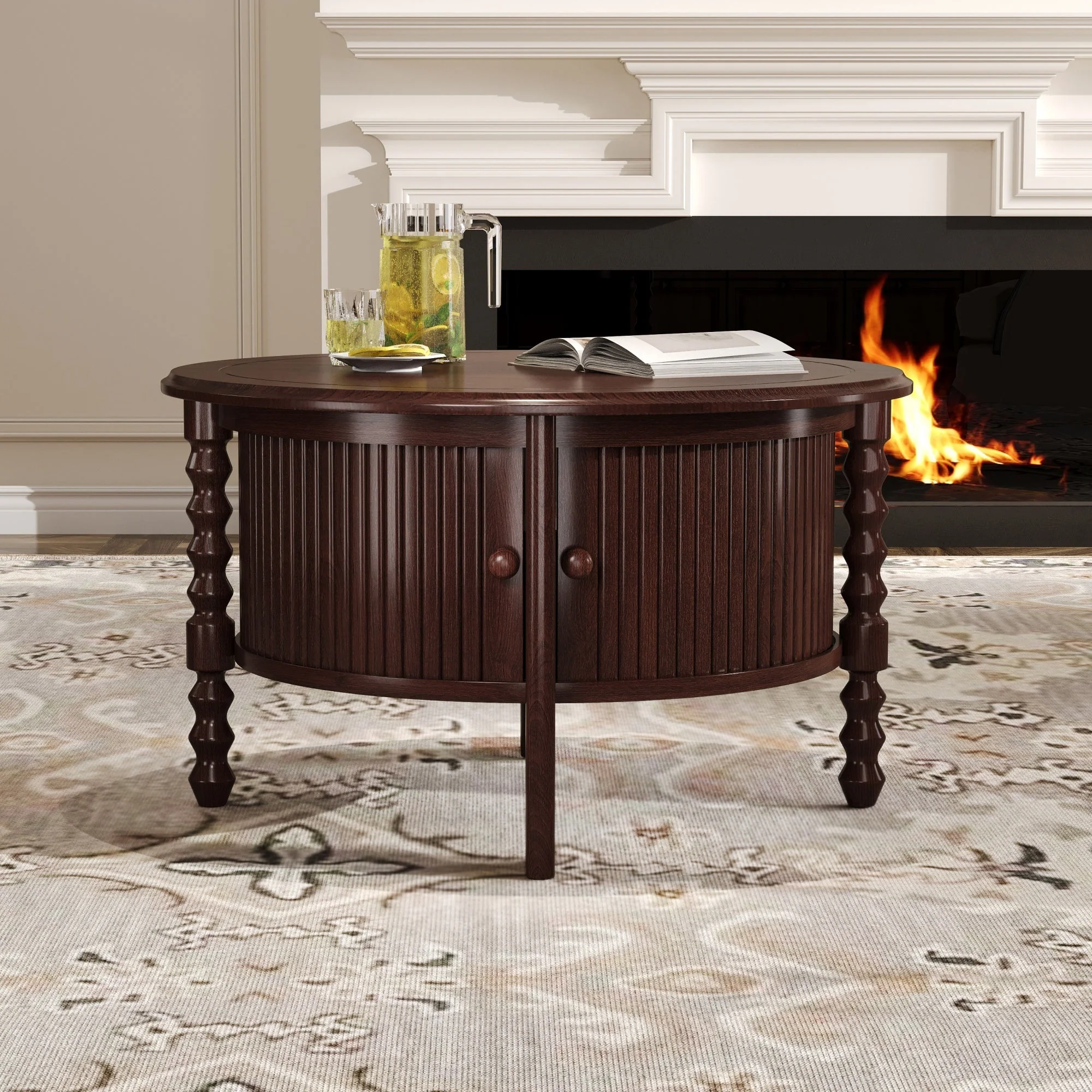 Vintage Round Coffee Table with Storage in Walnut
