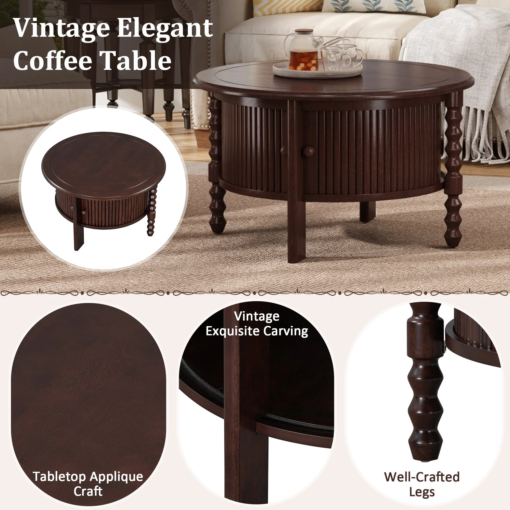 Vintage Round Coffee Table with Storage in Walnut - Image 10