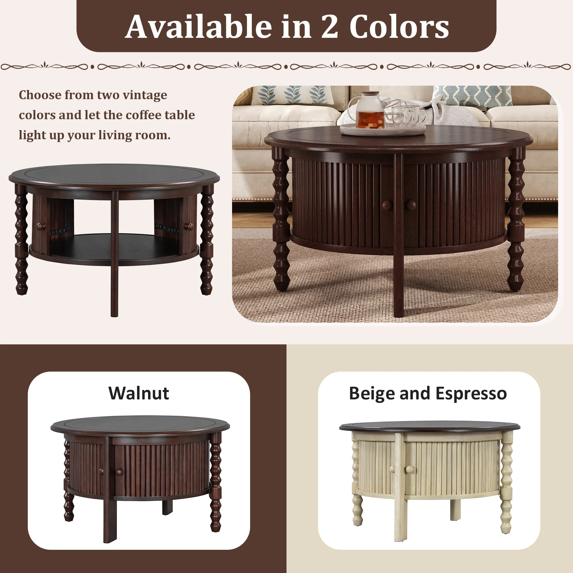 Vintage Round Coffee Table with Storage in Walnut - Image 12