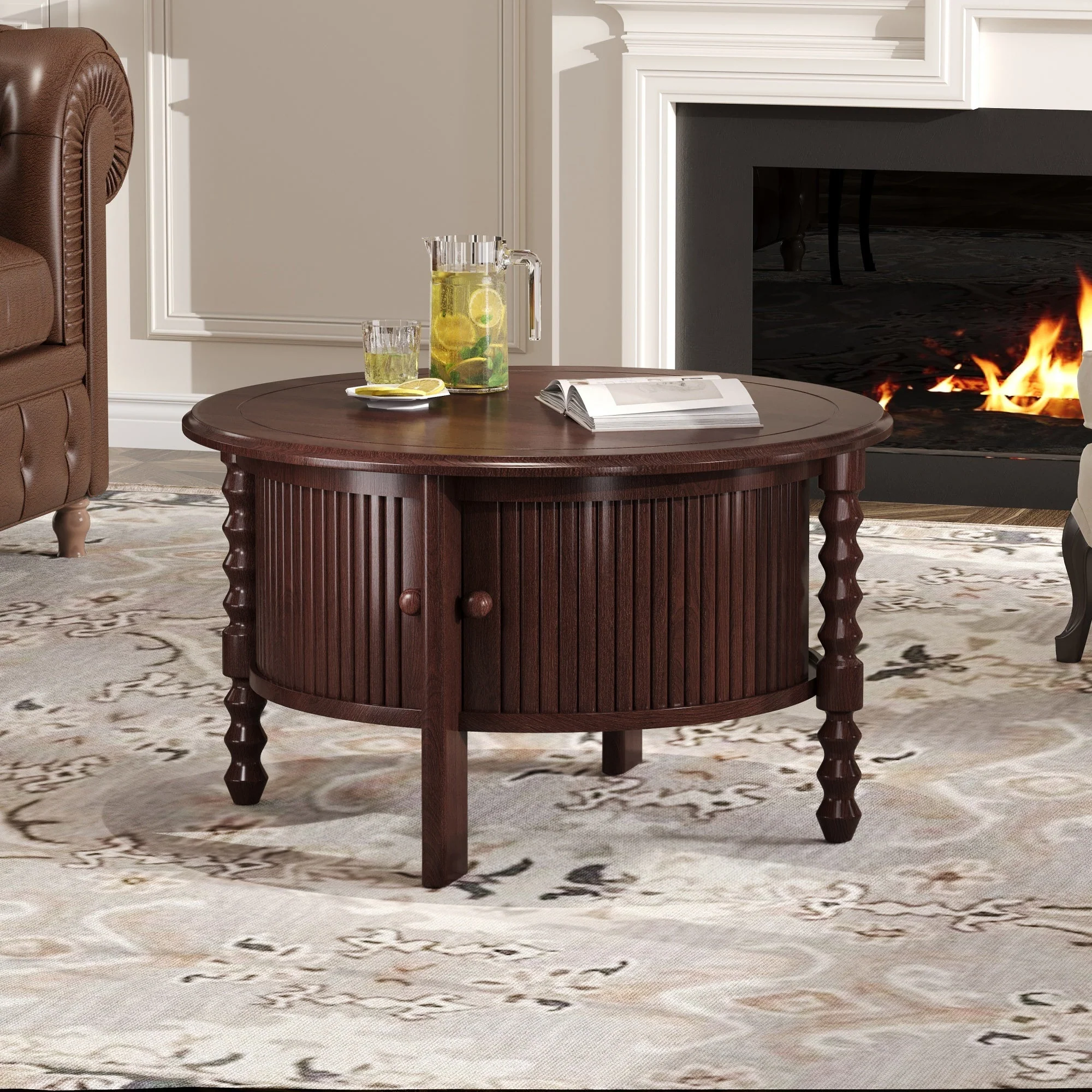 Vintage Round Coffee Table with Storage in Walnut - Image 2