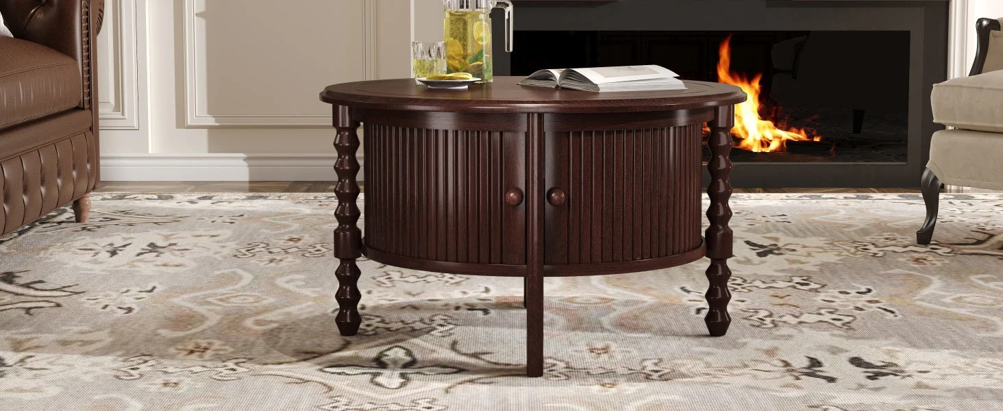 Vintage Round Coffee Table with Storage in Walnut - Image 23