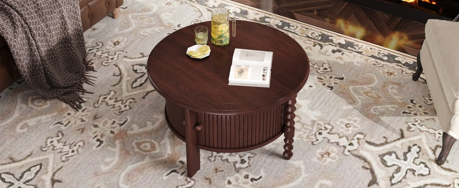 Vintage Round Coffee Table with Storage in Walnut - Image 24