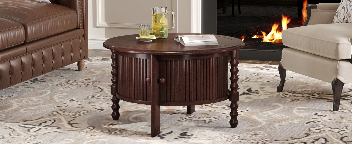 Vintage Round Coffee Table with Storage in Walnut - Image 25