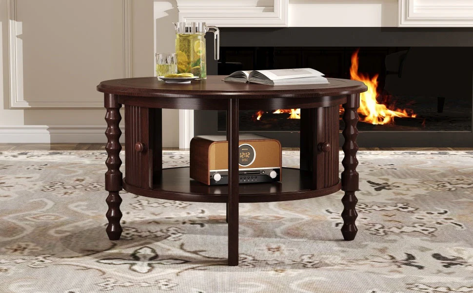 Vintage Round Coffee Table with Storage in Walnut - Image 26