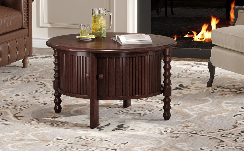 Vintage Round Coffee Table with Storage in Walnut - Image 27