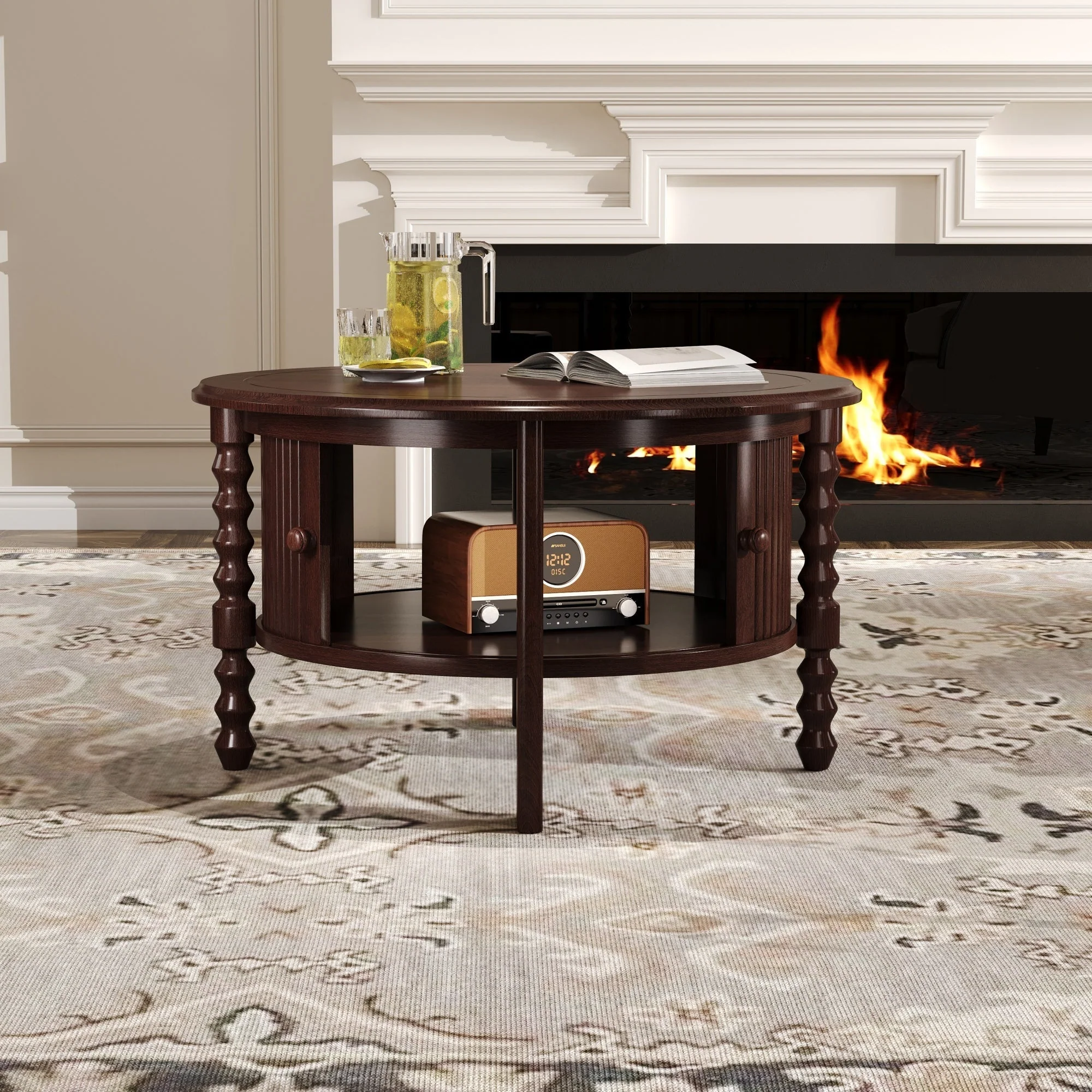 Vintage Round Coffee Table with Storage in Walnut - Image 3