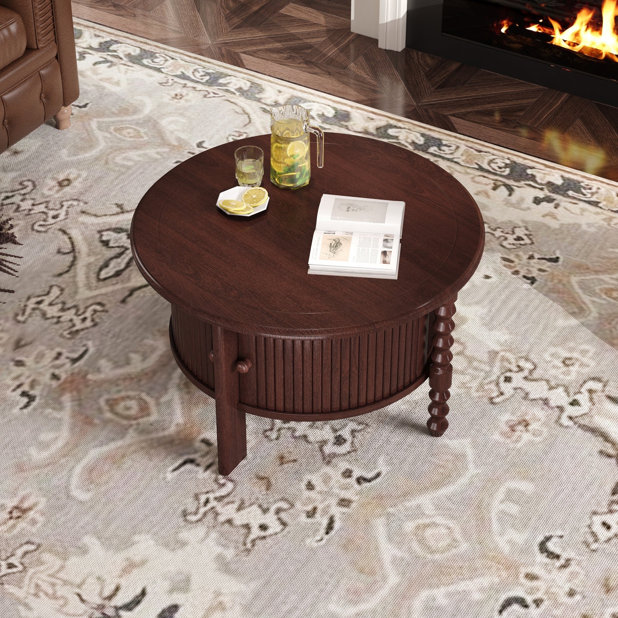 Vintage Round Coffee Table with Storage in Walnut - Image 4