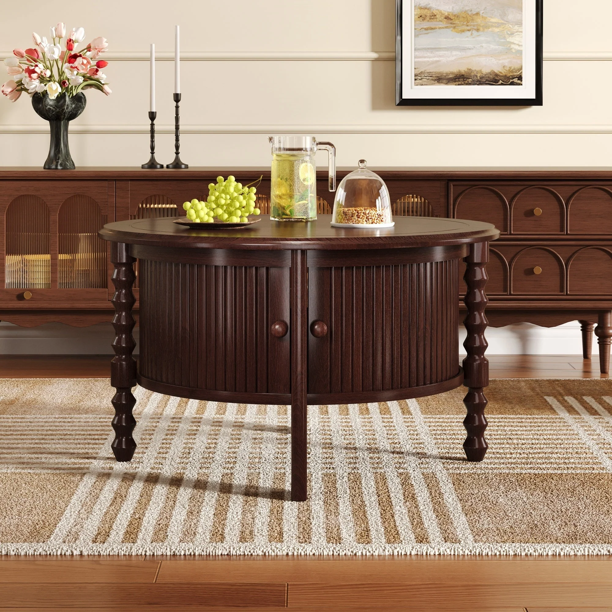 Vintage Round Coffee Table with Storage in Walnut - Image 5