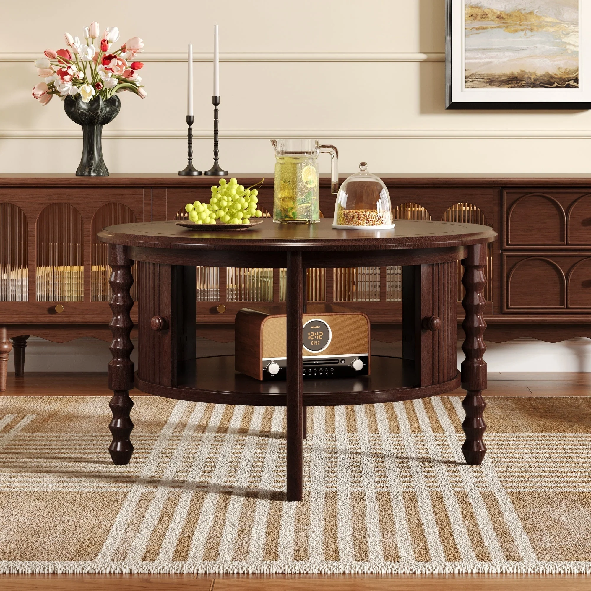Vintage Round Coffee Table with Storage in Walnut - Image 6