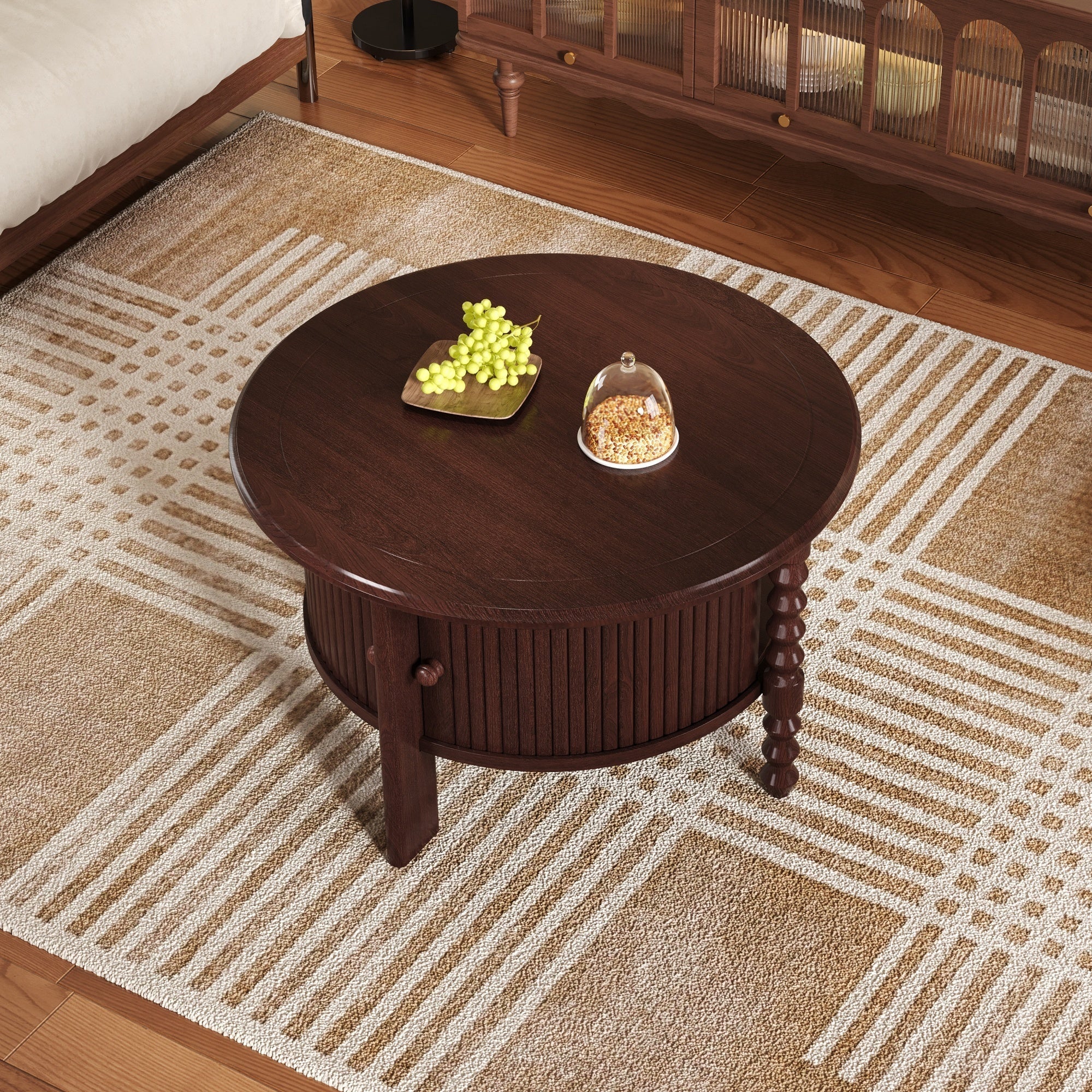 Vintage Round Coffee Table with Storage in Walnut - Image 7