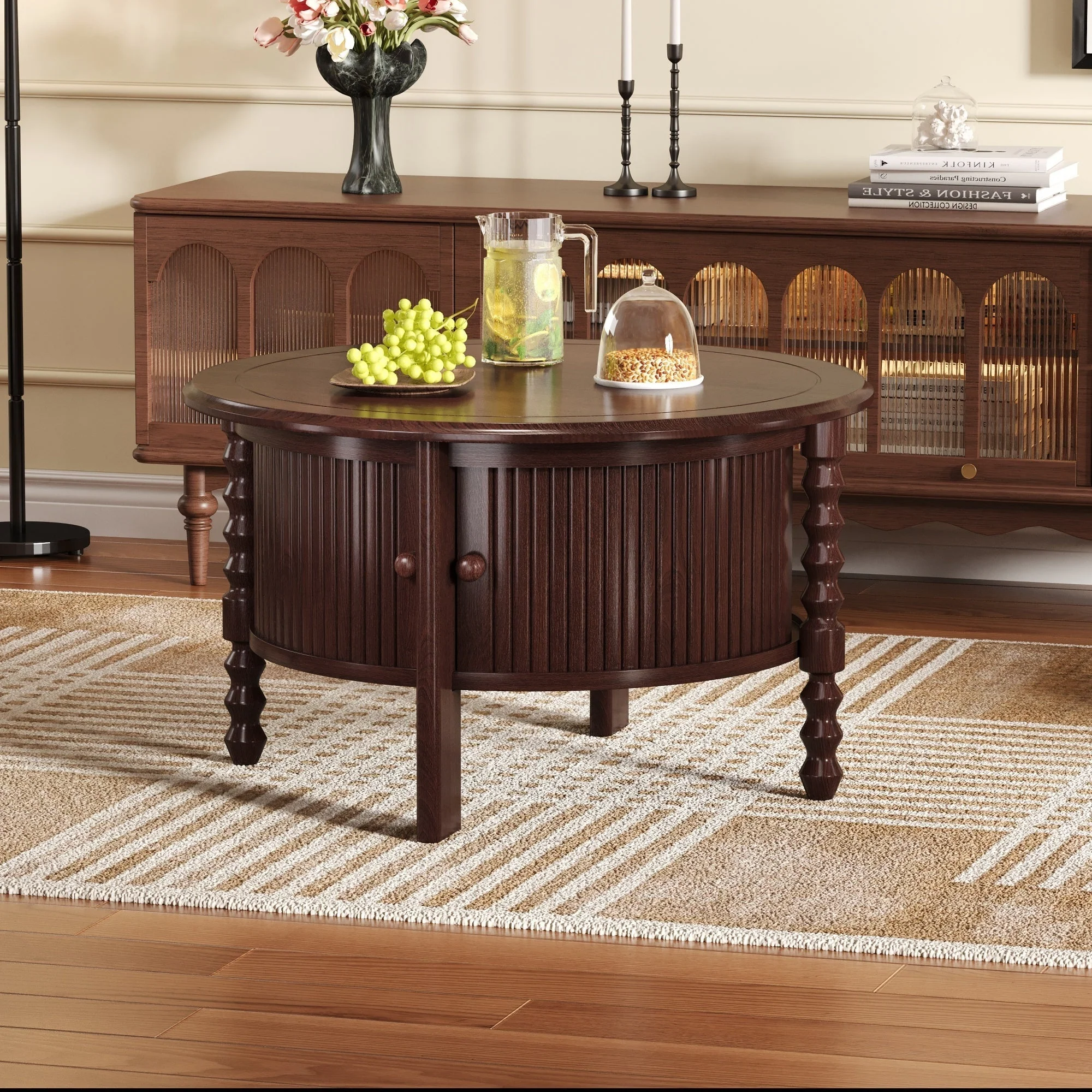 Vintage Round Coffee Table with Storage in Walnut - Image 8